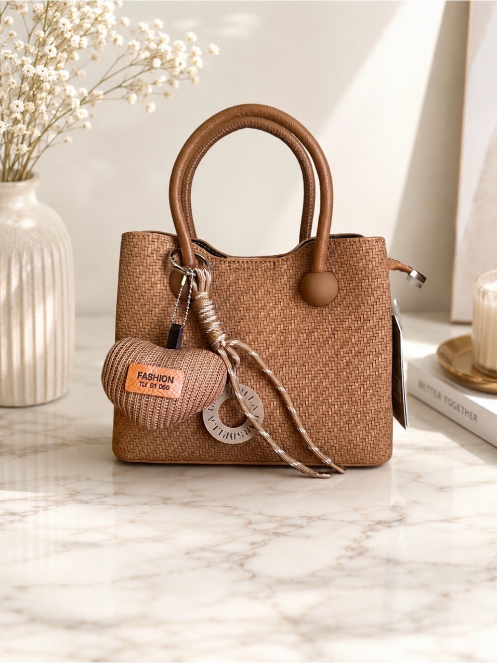 NWT Kaki Woven Satchel Handbag with Matching Charm & Shoulder Strap by Sumzen